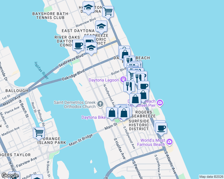 map of restaurants, bars, coffee shops, grocery stores, and more near 212 North Hollywood Avenue in Daytona Beach