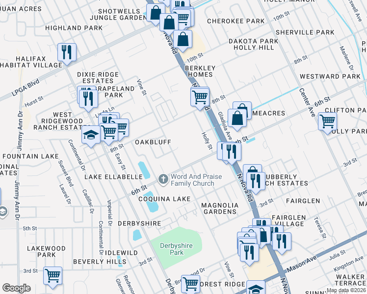 map of restaurants, bars, coffee shops, grocery stores, and more near 1087 Yaupon Street in Daytona Beach