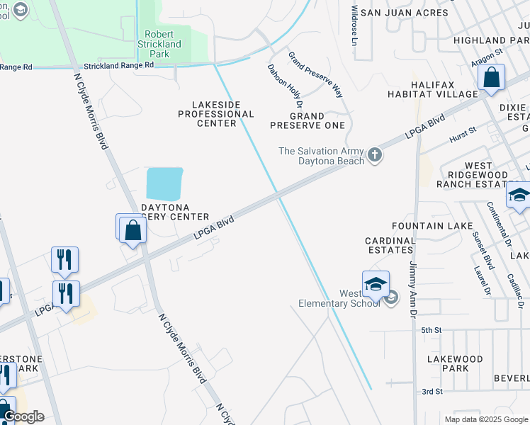 map of restaurants, bars, coffee shops, grocery stores, and more near 1851 LPGA Boulevard in Daytona Beach