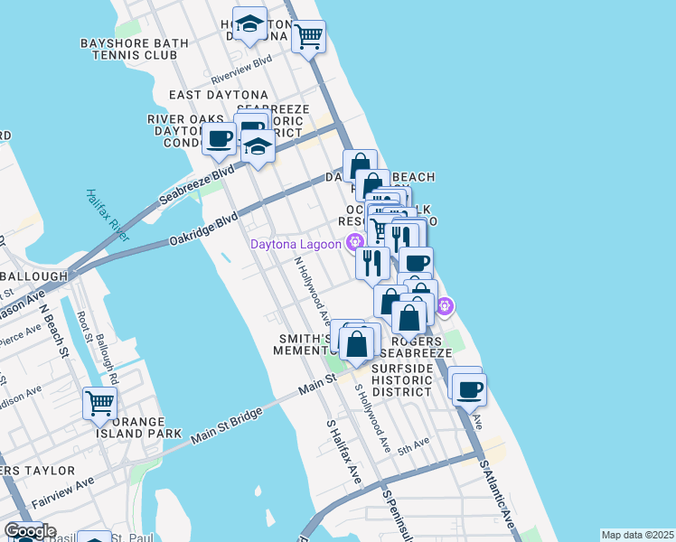 map of restaurants, bars, coffee shops, grocery stores, and more near 517 Earl Street in Daytona Beach