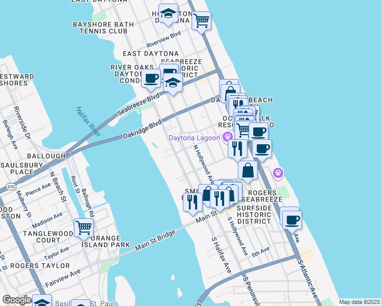 map of restaurants, bars, coffee shops, grocery stores, and more near 225 North Peninsula Drive in Daytona Beach