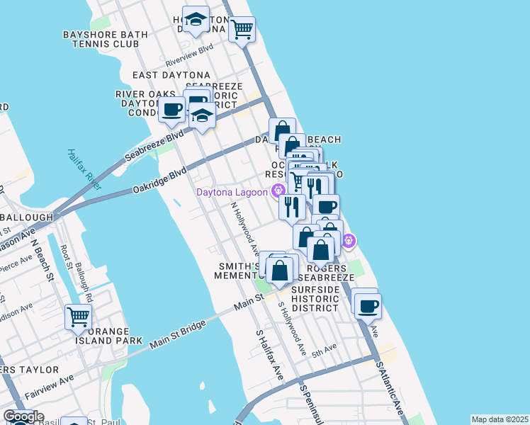map of restaurants, bars, coffee shops, grocery stores, and more near 517 Earl Street in Daytona Beach