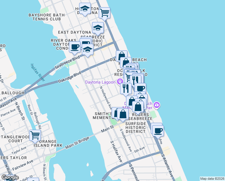 map of restaurants, bars, coffee shops, grocery stores, and more near 218 North Oleander Avenue in Daytona Beach