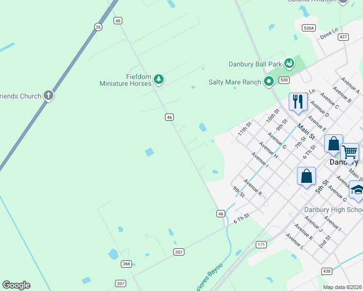 map of restaurants, bars, coffee shops, grocery stores, and more near 25334 County Road 46 in Angleton
