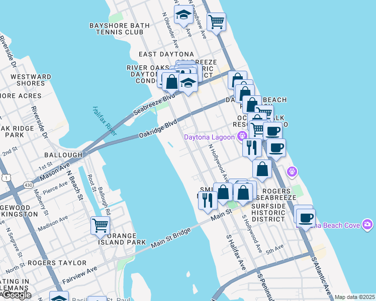 map of restaurants, bars, coffee shops, grocery stores, and more near 12 Ora Street in Daytona Beach