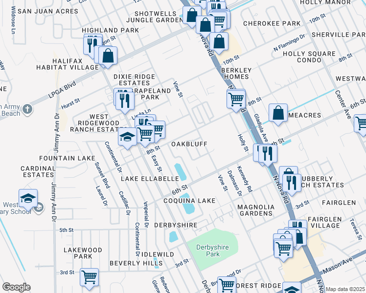 map of restaurants, bars, coffee shops, grocery stores, and more near 1355 Cedar Bluff in Daytona Beach