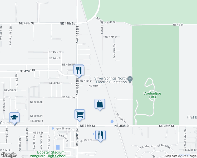 map of restaurants, bars, coffee shops, grocery stores, and more near 3838 Northeast 41st Street in Ocala
