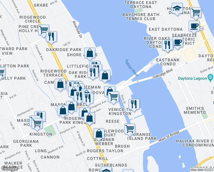 map of restaurants, bars, coffee shops, grocery stores, and more near 927 North Beach Street in Daytona Beach