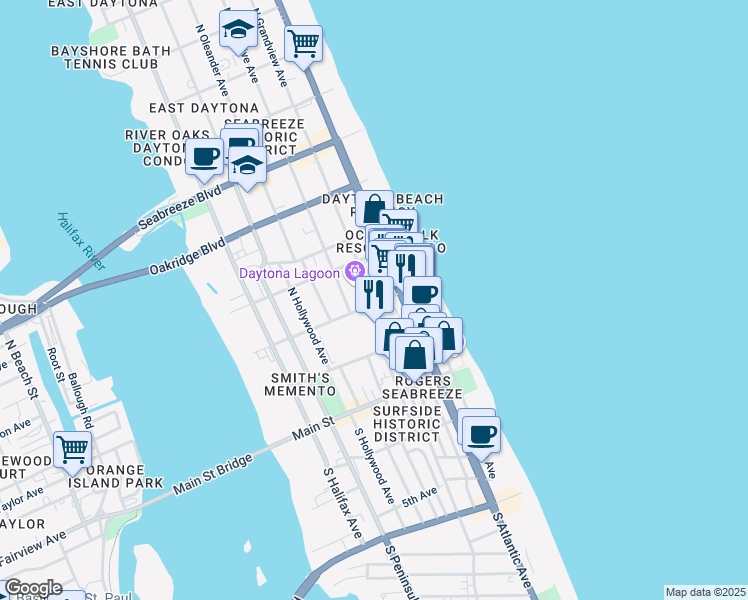 map of restaurants, bars, coffee shops, grocery stores, and more near 601 Earl Street in Daytona Beach