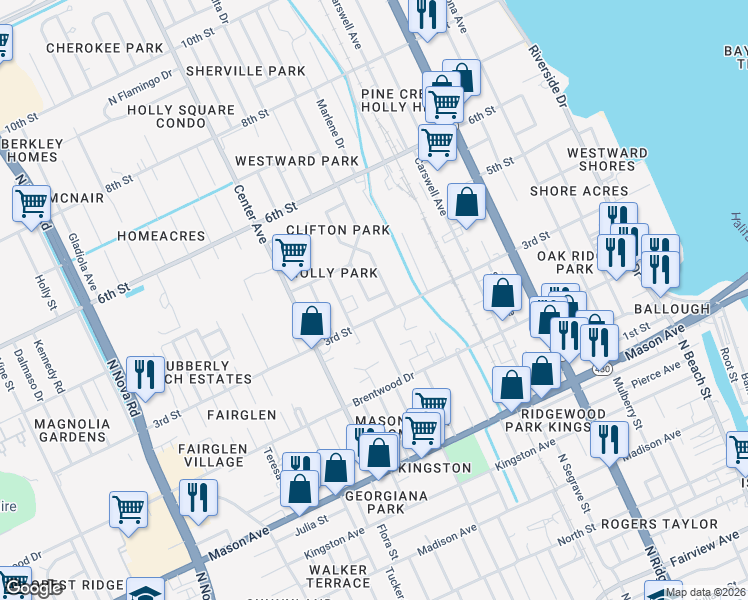 map of restaurants, bars, coffee shops, grocery stores, and more near 312 Dorothy Avenue in Holly Hill