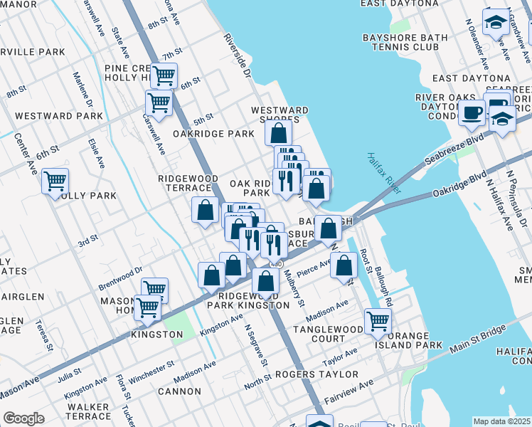 map of restaurants, bars, coffee shops, grocery stores, and more near 134 Daytona Avenue in Daytona Beach