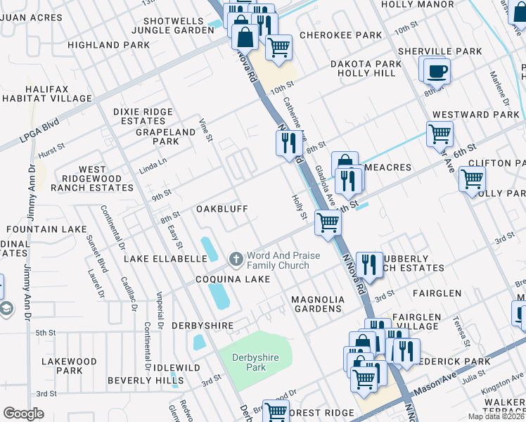 map of restaurants, bars, coffee shops, grocery stores, and more near 1087 Yaupon Street in Daytona Beach