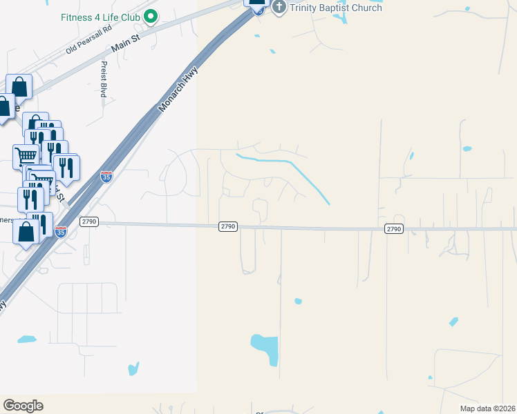map of restaurants, bars, coffee shops, grocery stores, and more near 636 Farm to Market Road 2790 in Lytle