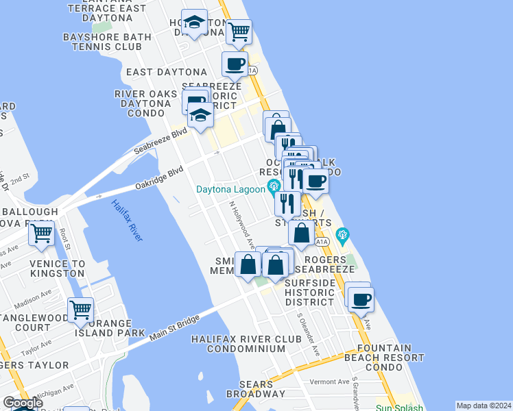 map of restaurants, bars, coffee shops, grocery stores, and more near 212 North Hollywood Avenue in Daytona Beach