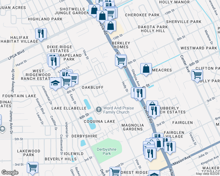 map of restaurants, bars, coffee shops, grocery stores, and more near 1087 Yaupon Street in Daytona Beach