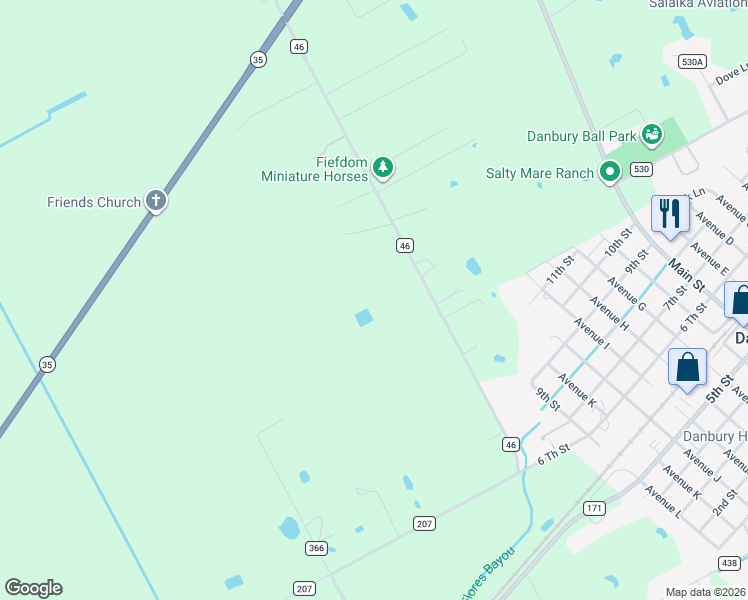 map of restaurants, bars, coffee shops, grocery stores, and more near 25334 County Road 46 in Angleton