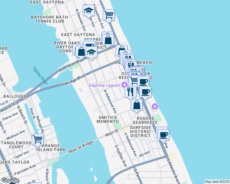 map of restaurants, bars, coffee shops, grocery stores, and more near 501 Ora Street in Daytona Beach