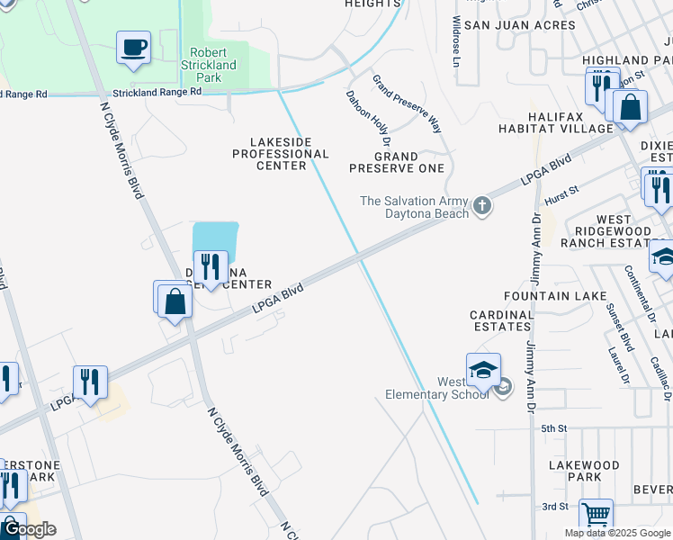 map of restaurants, bars, coffee shops, grocery stores, and more near 1851 LPGA Boulevard in Daytona Beach