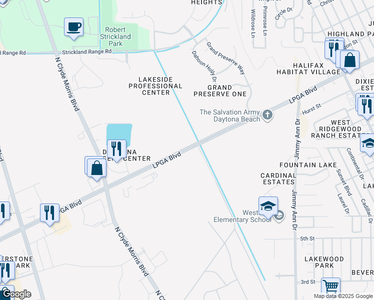 map of restaurants, bars, coffee shops, grocery stores, and more near 1851 LPGA Boulevard in Daytona Beach