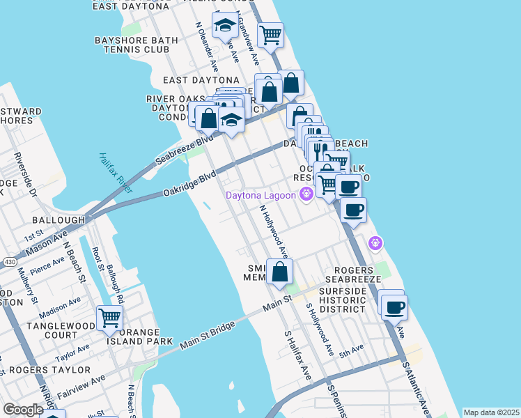 map of restaurants, bars, coffee shops, grocery stores, and more near 318 Ora Street in Daytona Beach