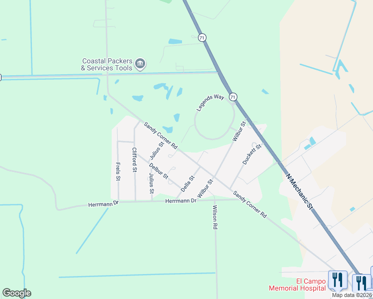 map of restaurants, bars, coffee shops, grocery stores, and more near 305 Champions Court in El Campo