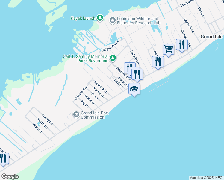 map of restaurants, bars, coffee shops, grocery stores, and more near Capital Lane in Grand Isle