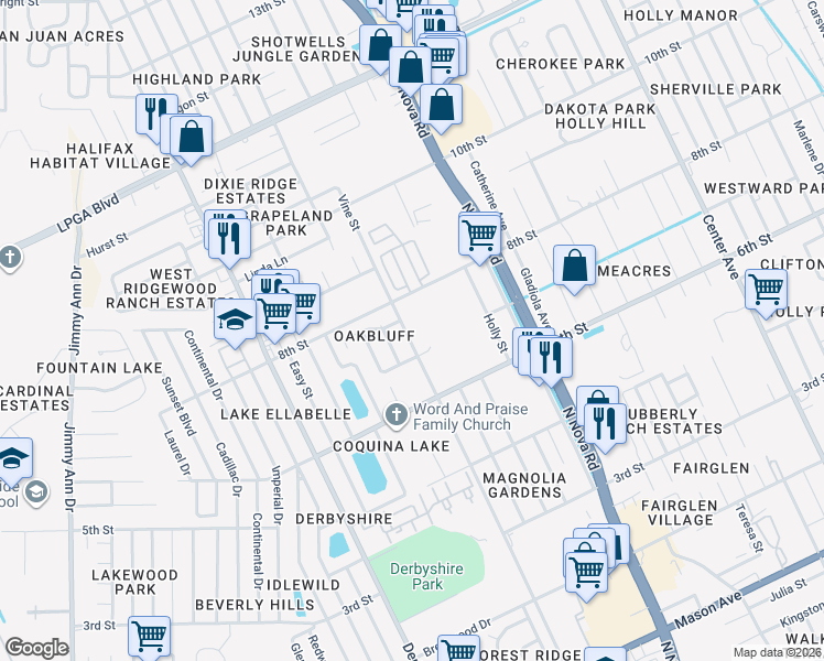 map of restaurants, bars, coffee shops, grocery stores, and more near 1383 Vine Street in Daytona Beach