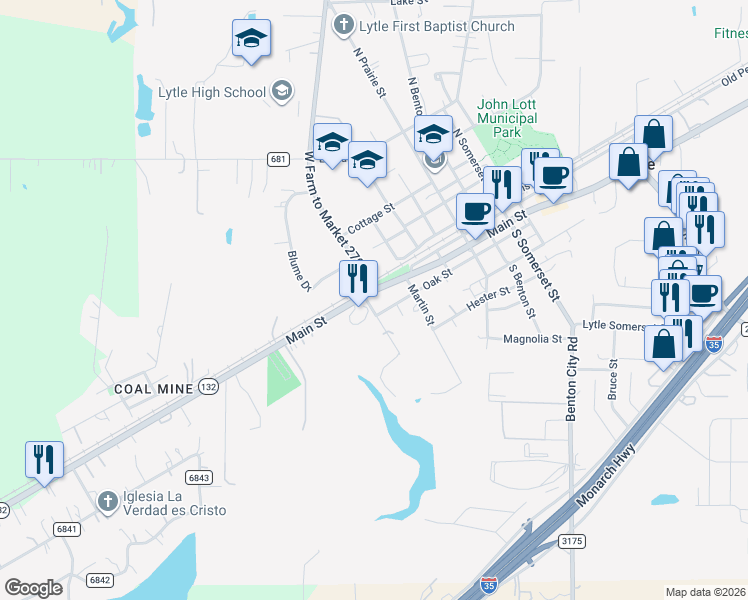 map of restaurants, bars, coffee shops, grocery stores, and more near 19561 West Farm To Market 2790 South in Lytle