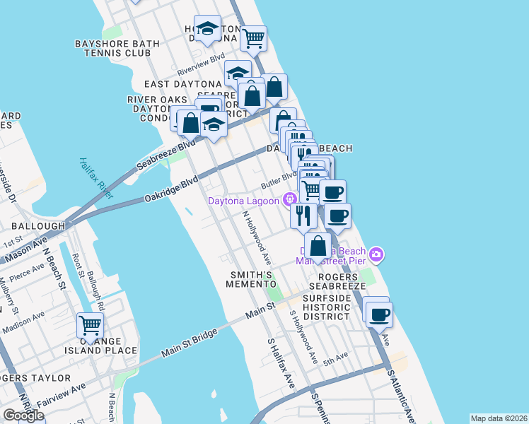 map of restaurants, bars, coffee shops, grocery stores, and more near 501 Ora Street in Daytona Beach