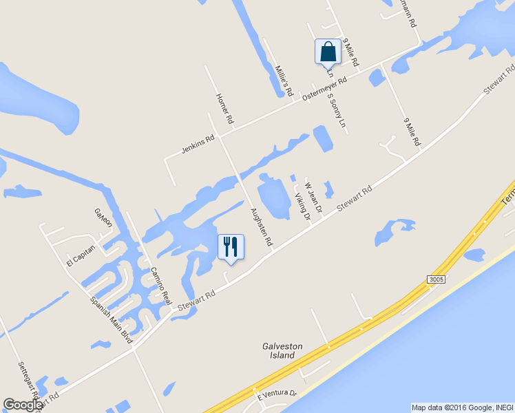 map of restaurants, bars, coffee shops, grocery stores, and more near 3325 Aughsten Road in Galveston