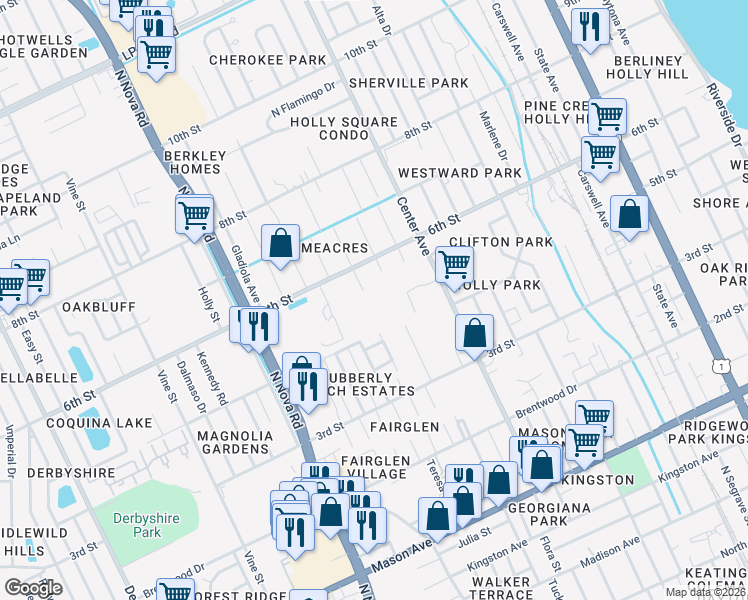 map of restaurants, bars, coffee shops, grocery stores, and more near 649 6th Street in Daytona Beach