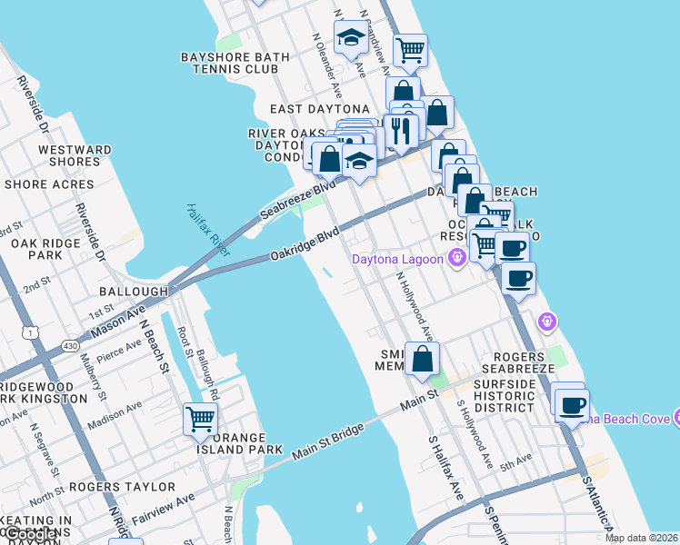 map of restaurants, bars, coffee shops, grocery stores, and more near 404 North Halifax Avenue in Daytona Beach