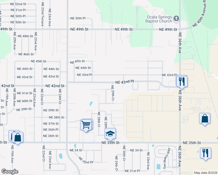 map of restaurants, bars, coffee shops, grocery stores, and more near 2850 Northeast 42nd Place in Ocala