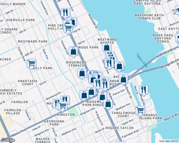 map of restaurants, bars, coffee shops, grocery stores, and more near 221 Ridgewood Avenue in Daytona Beach