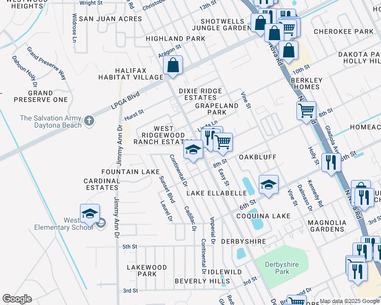 map of restaurants, bars, coffee shops, grocery stores, and more near 956 Derbyshire Road in Daytona Beach