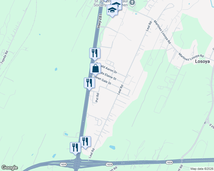 map of restaurants, bars, coffee shops, grocery stores, and more near 1442 Janet Gale Street in San Antonio
