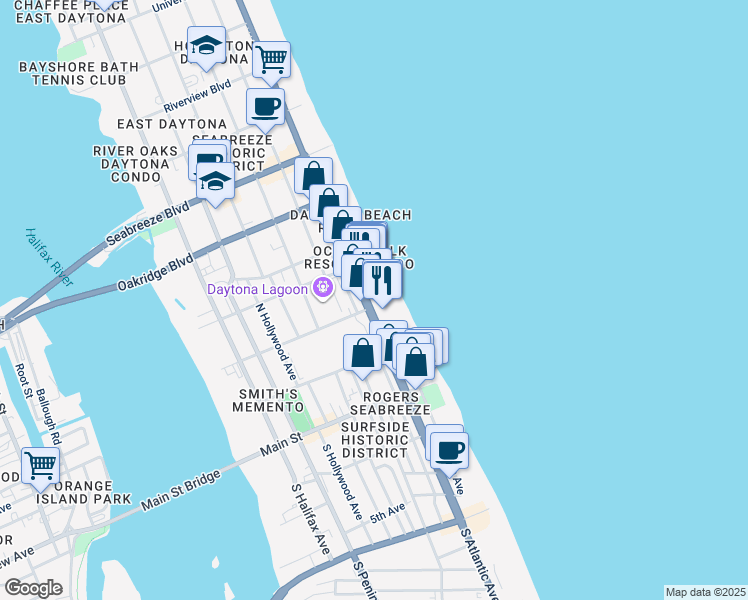 map of restaurants, bars, coffee shops, grocery stores, and more near 100 North Atlantic Avenue in Daytona Beach