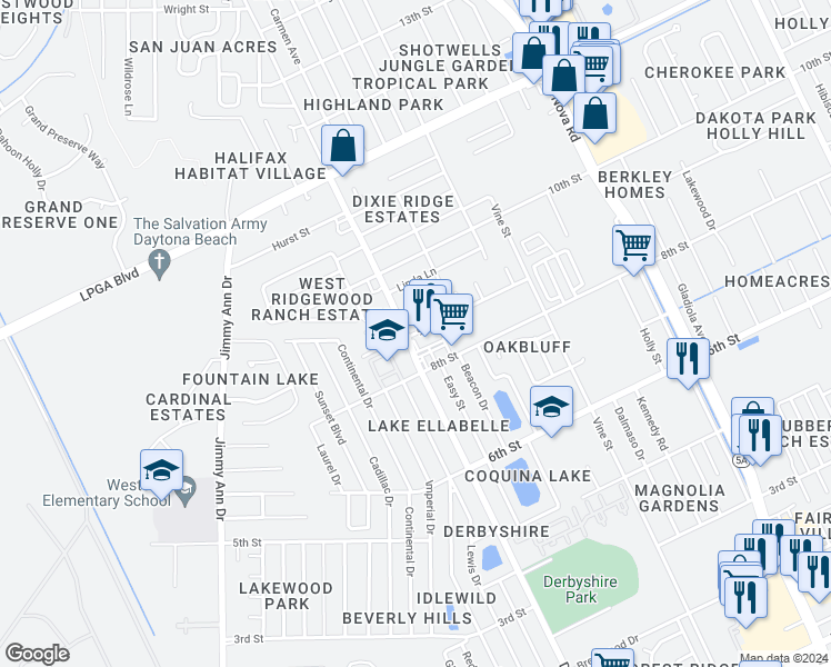 map of restaurants, bars, coffee shops, grocery stores, and more near 1291 9th Street in Daytona Beach