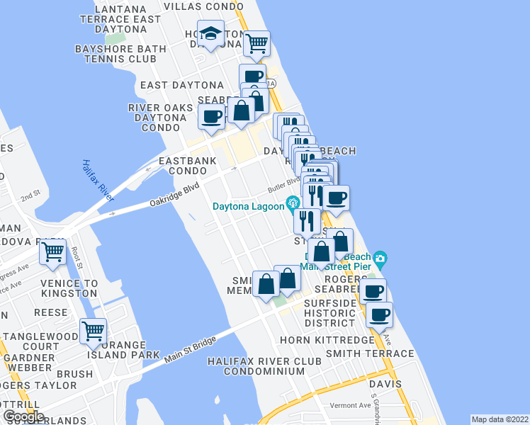 map of restaurants, bars, coffee shops, grocery stores, and more near 242 North Oleander Avenue in Daytona Beach