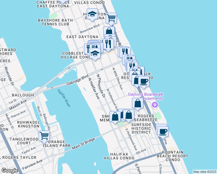 map of restaurants, bars, coffee shops, grocery stores, and more near 315 North Hollywood Avenue in Daytona Beach