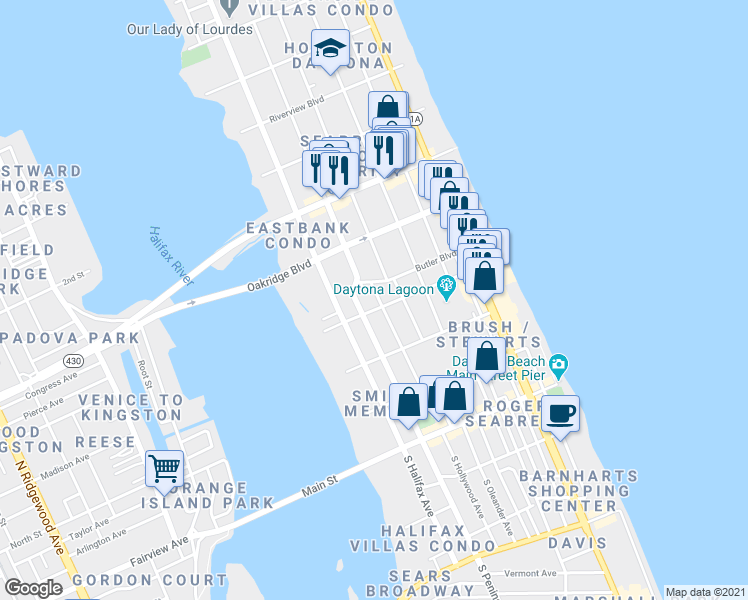 map of restaurants, bars, coffee shops, grocery stores, and more near 315 North Hollywood Avenue in Daytona Beach