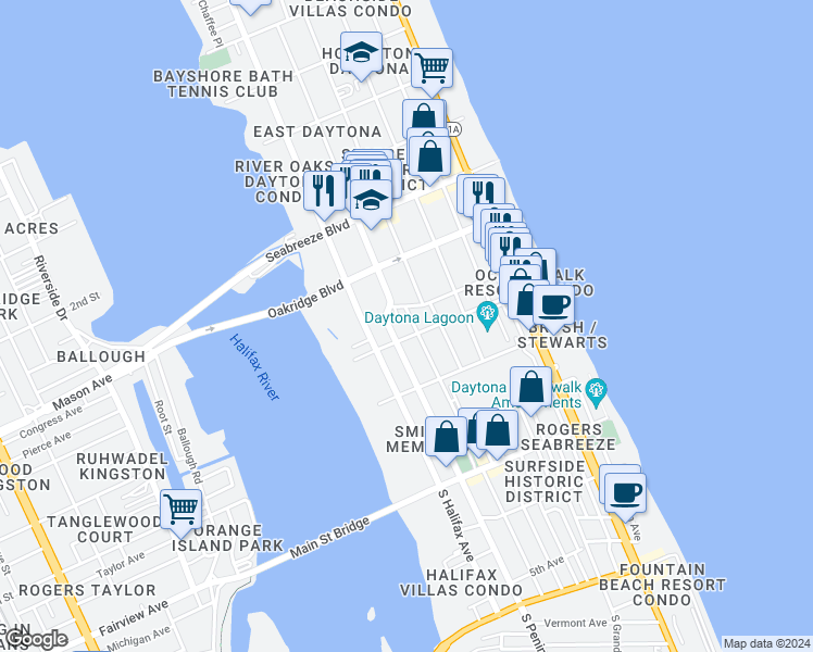 map of restaurants, bars, coffee shops, grocery stores, and more near 315 North Hollywood Avenue in Daytona Beach