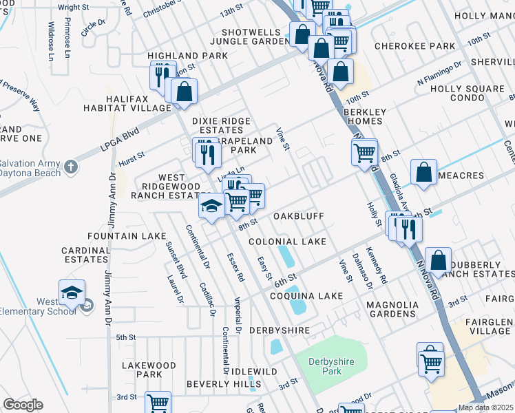 map of restaurants, bars, coffee shops, grocery stores, and more near 1259 9th Street in Daytona Beach