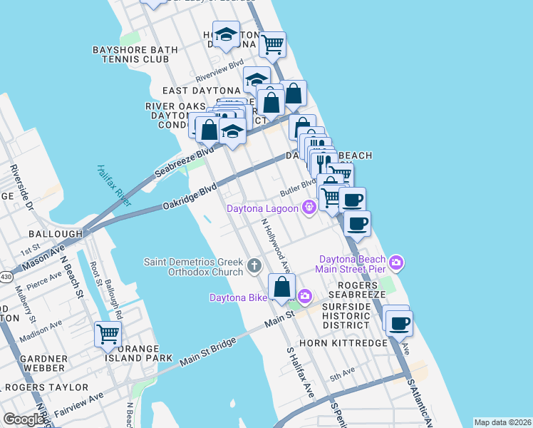 map of restaurants, bars, coffee shops, grocery stores, and more near 315 North Hollywood Avenue in Daytona Beach
