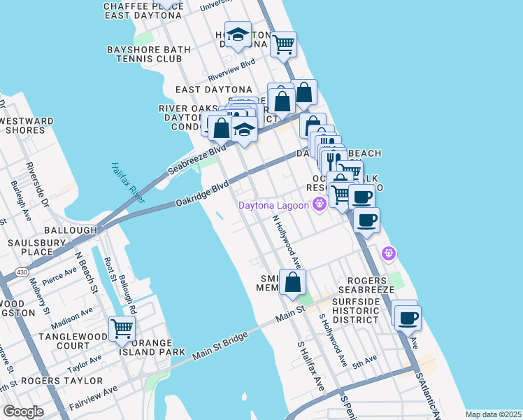 map of restaurants, bars, coffee shops, grocery stores, and more near 312 North Peninsula Drive in Daytona Beach