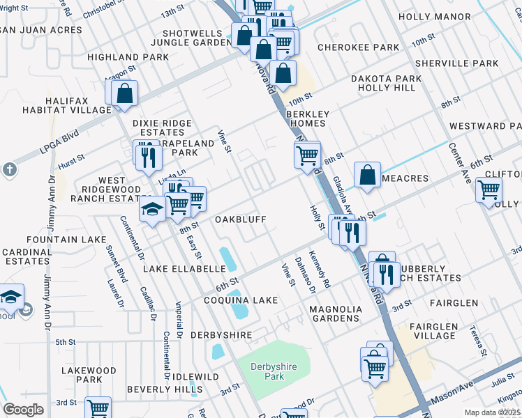 map of restaurants, bars, coffee shops, grocery stores, and more near 1383 Vine Street in Daytona Beach