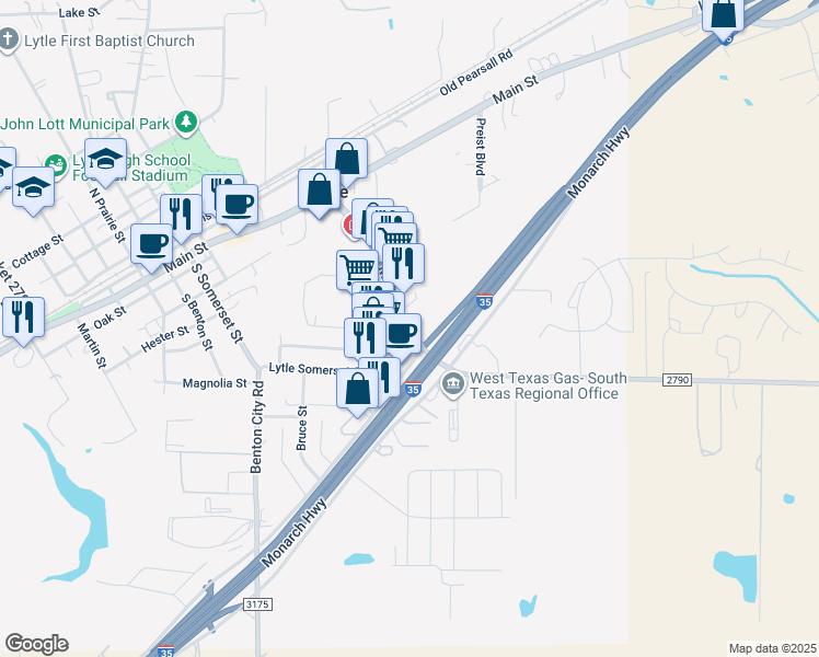 map of restaurants, bars, coffee shops, grocery stores, and more near 9561 Farm to Market Road 2790 in Lytle