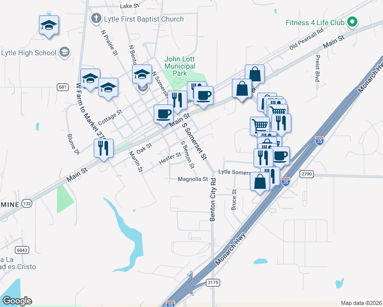 map of restaurants, bars, coffee shops, grocery stores, and more near 19502 South Benton Street in Lytle