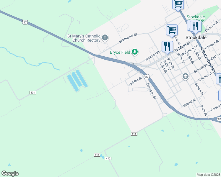 map of restaurants, bars, coffee shops, grocery stores, and more near 1335 W Main St in Stockdale