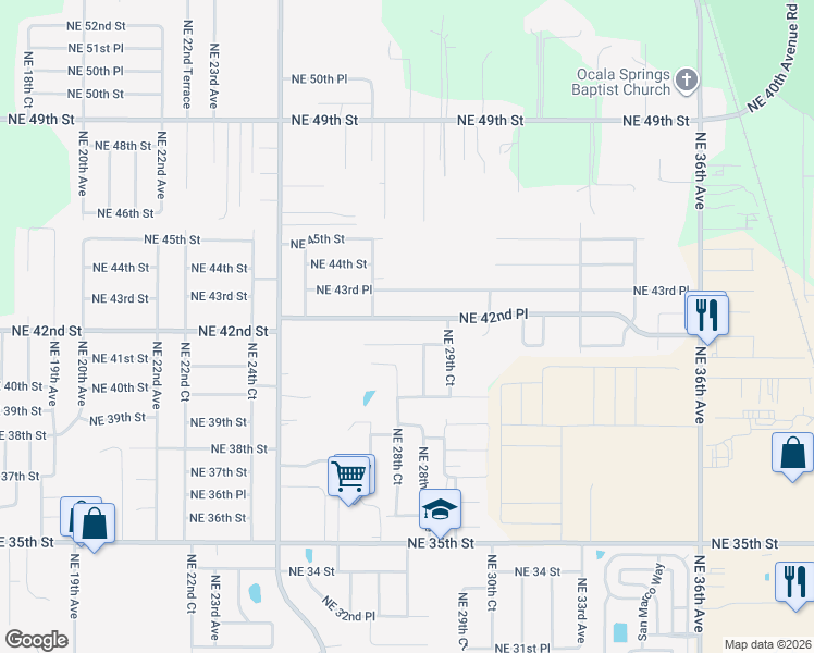 map of restaurants, bars, coffee shops, grocery stores, and more near 2850 NE 42nd Pl in Ocala